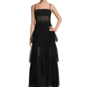 BETSY & ADAM Mesh Tiered Tulle Ruffle Corset Dress Gown Black Size 8 EUC